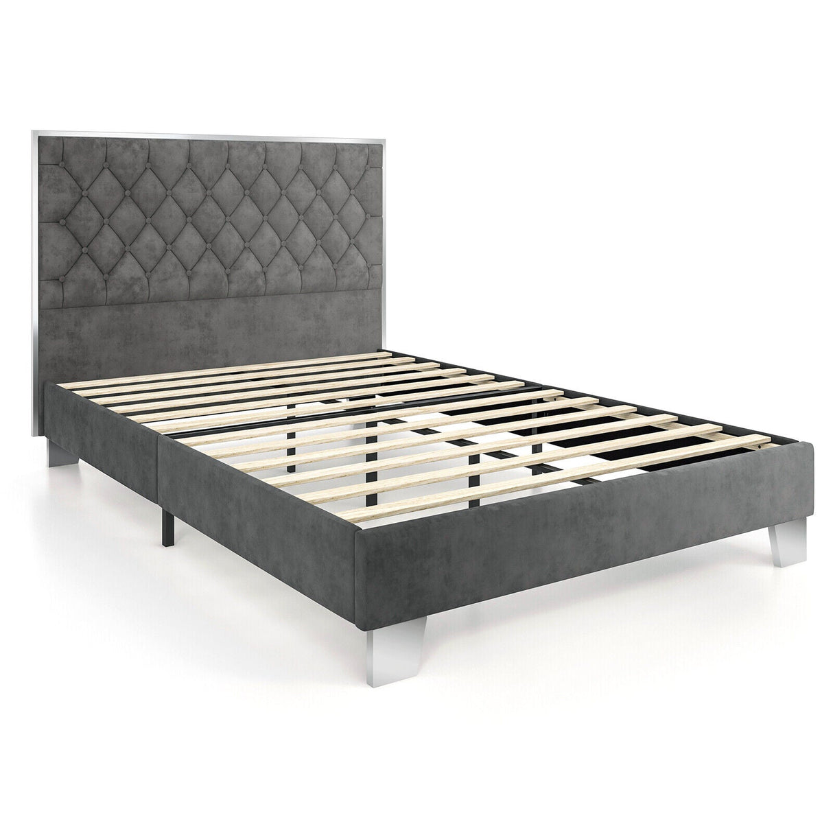 Base de cama tapizada tamaño matrimonial/queen con cabecera de terciopelo