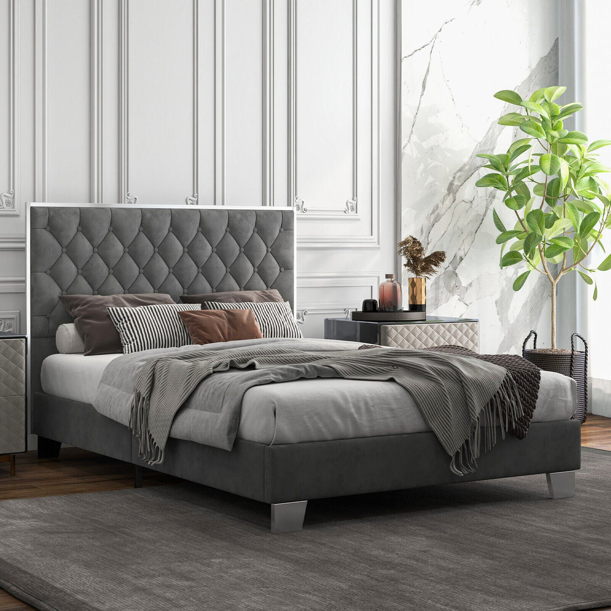Base de cama tapizada tamaño matrimonial/queen con cabecera de terciopelo