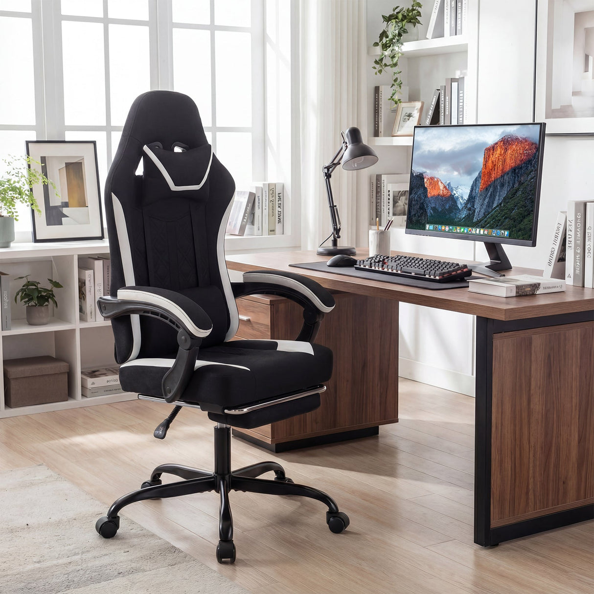 Gaming Chair Height Adjustable Computer Chair with Headrest Footrest & 360° Swivel Seat-Black