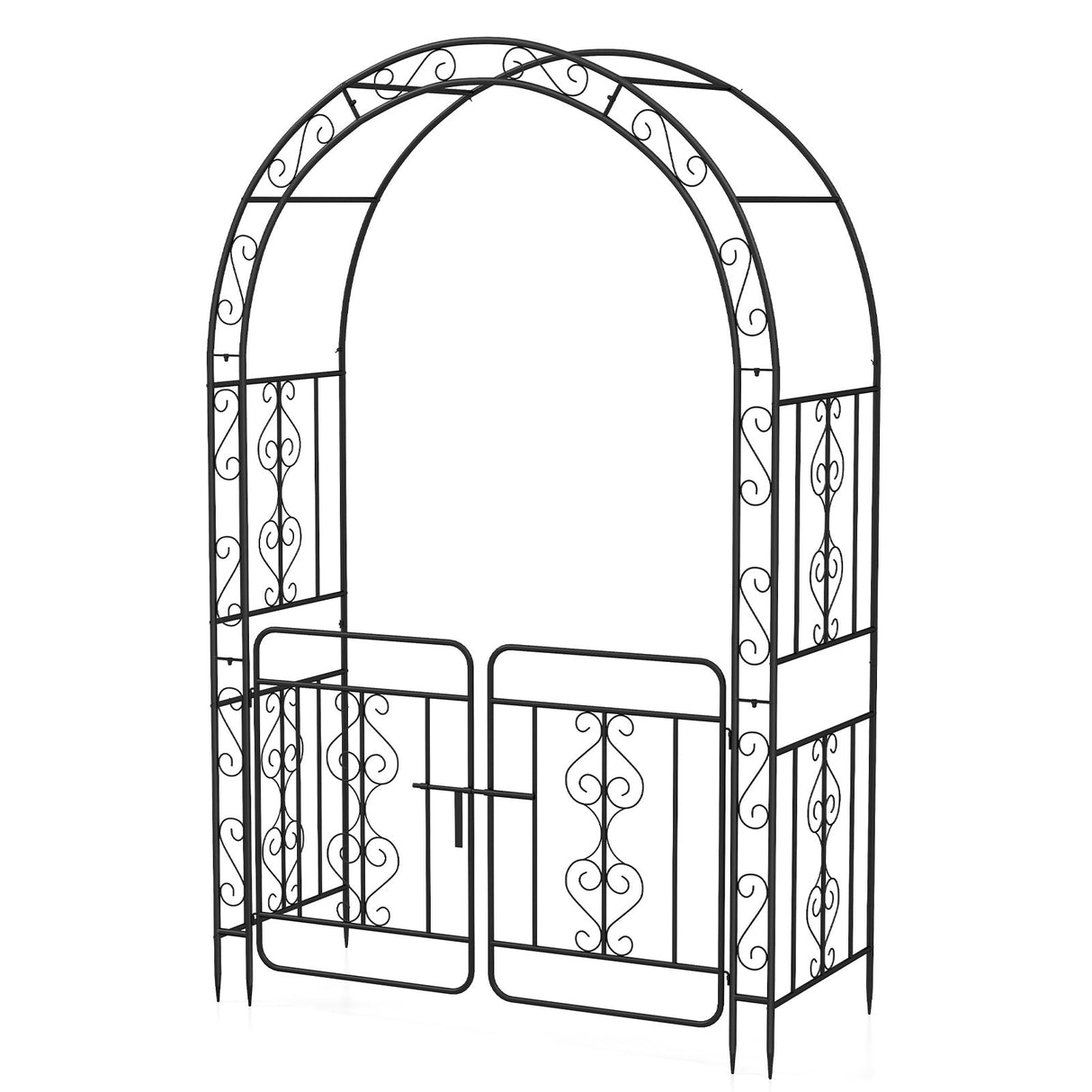 Pérgola de jardín con puerta, múltiples travesaños laterales y 4 estacas de suelo afiladas - Negra