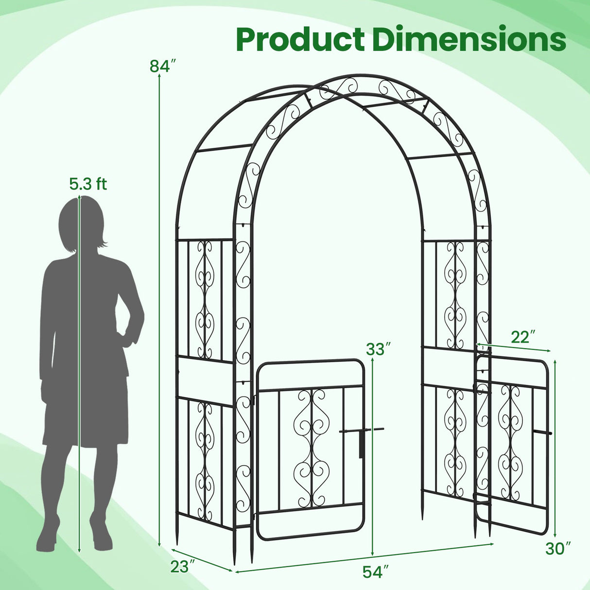 Pérgola de jardín con puerta, múltiples travesaños laterales y 4 estacas de suelo afiladas - Negra