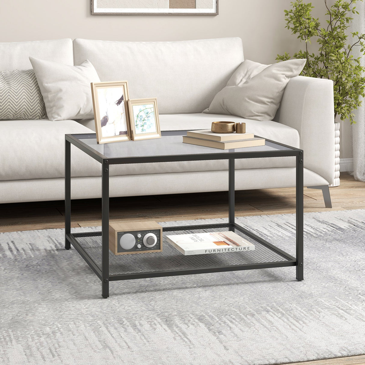 Mesa de centro moderna de cristal cuadrado de 2 niveles con estante de malla
