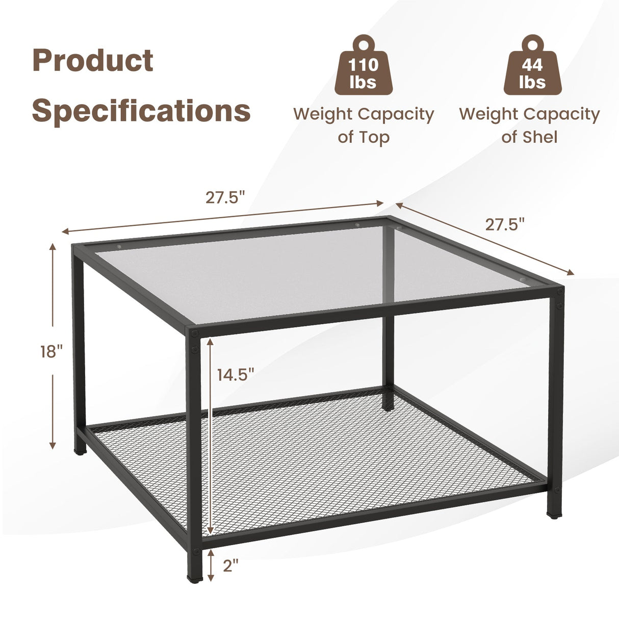 Mesa de centro moderna de cristal cuadrado de 2 niveles con estante de malla