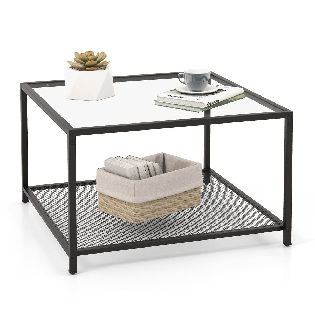 Mesa de centro moderna de cristal cuadrado de 2 niveles con estante de malla