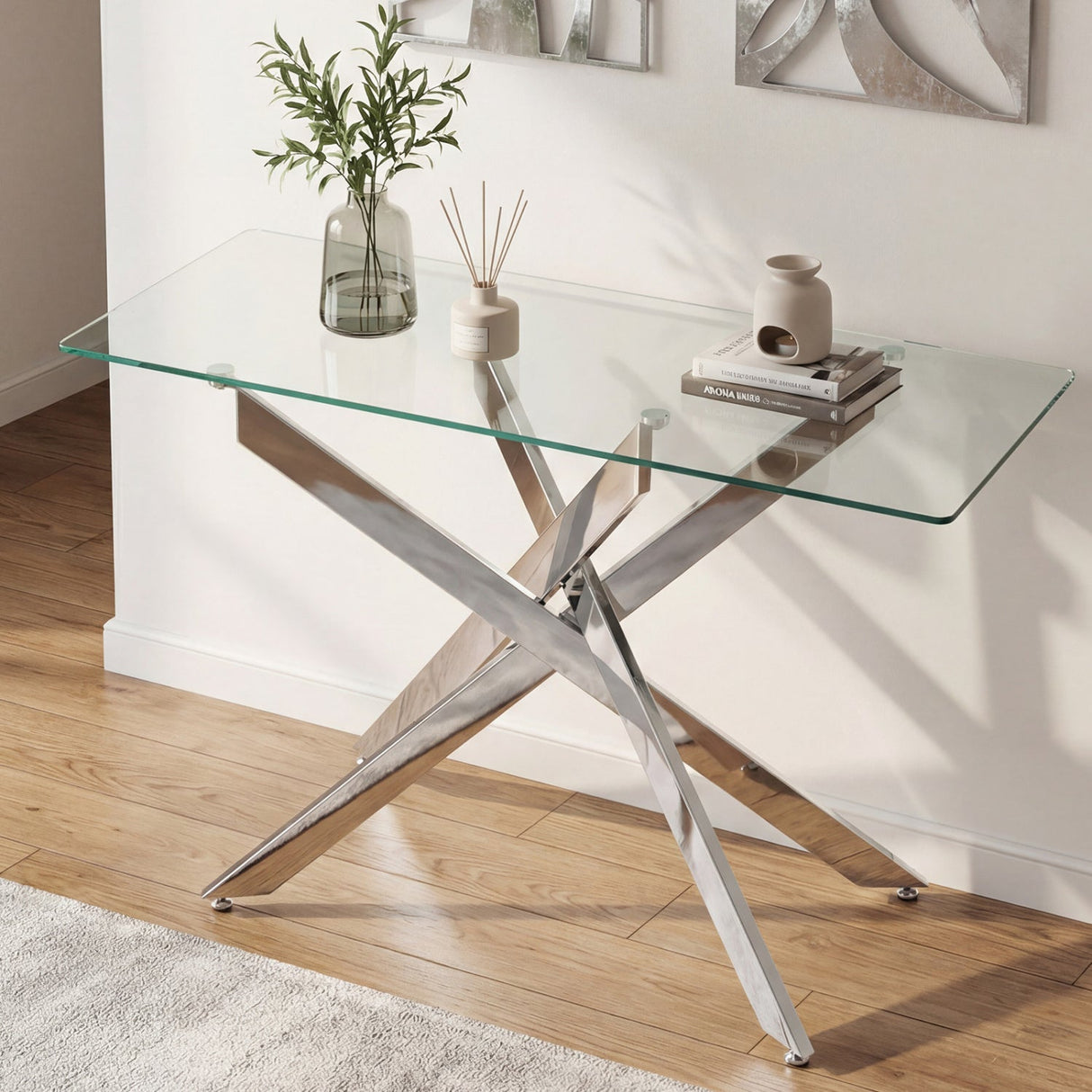 Mesa consola de cristal Mesa de entrada moderna con tapa de cristal templado transparente-Plateado