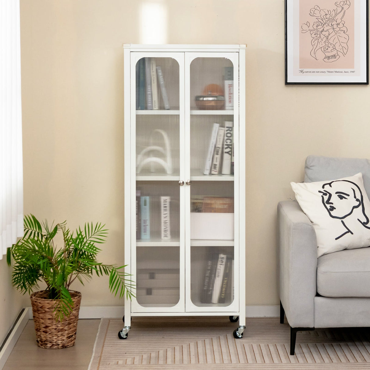 Armario de almacenamiento con puertas de cristal, ruedas y estantes ajustables - Blanco