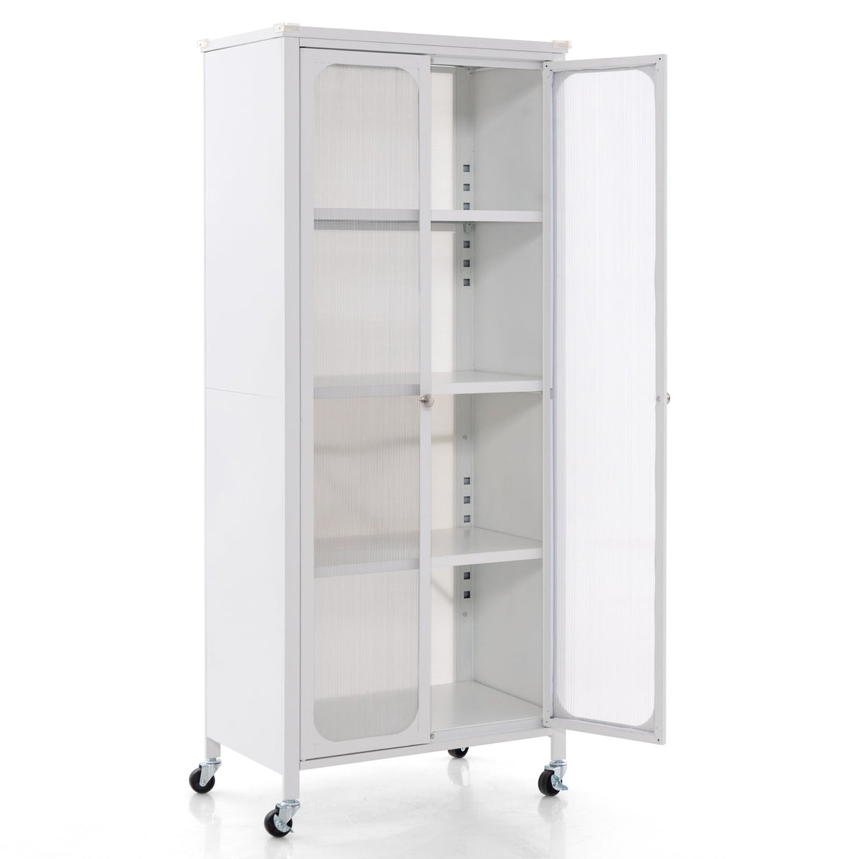 Armario de almacenamiento con puertas de cristal, ruedas y estantes ajustables - Blanco