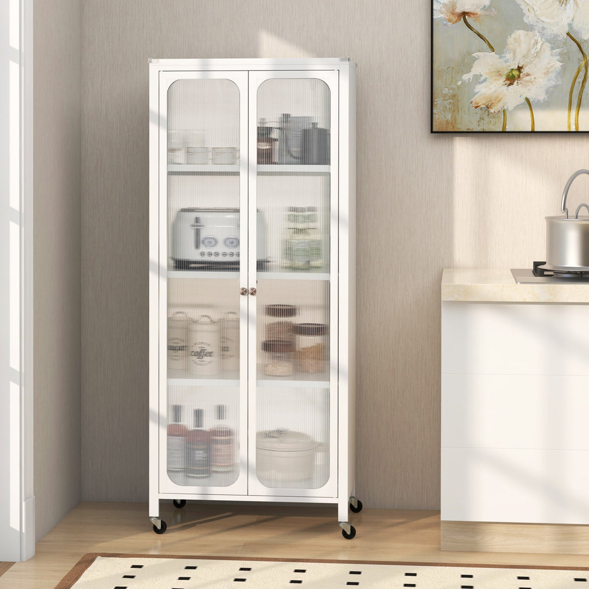 Armario de almacenamiento con puertas de cristal, ruedas y estantes ajustables - Blanco