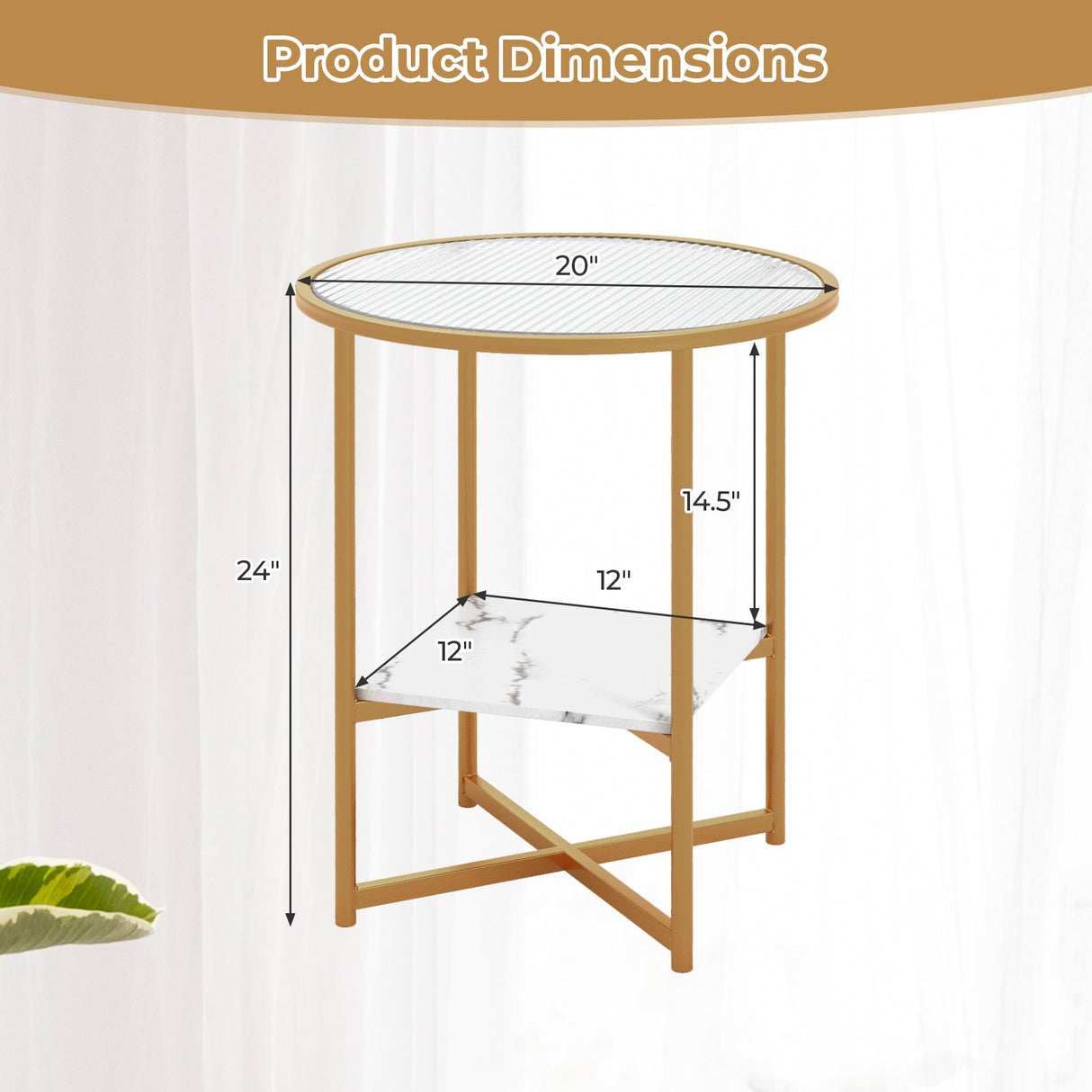 2-Tier Glass End Table Set of 2 with Faux Marble Storage Shelf-White