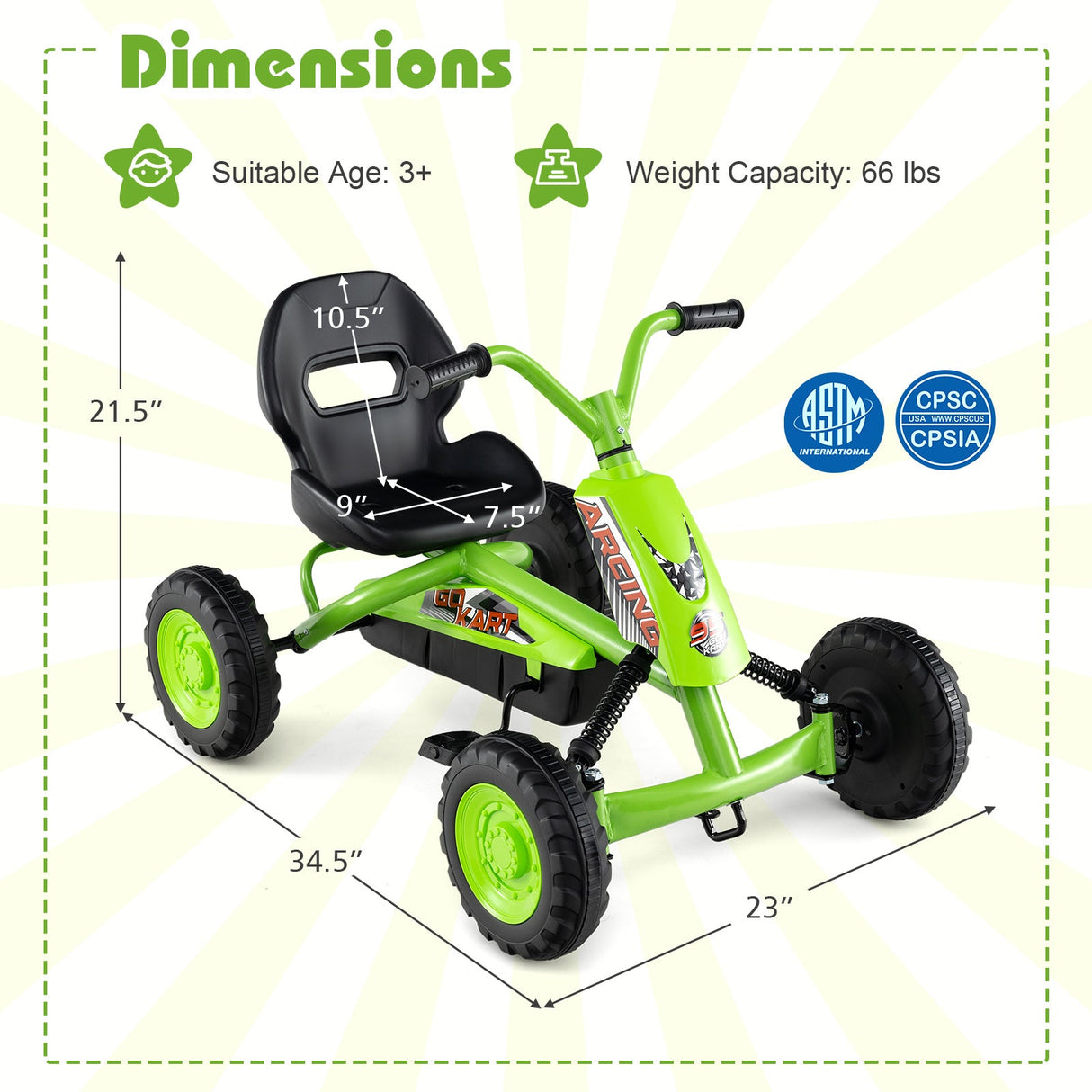 Go Kart para niños de 4 ruedas con manillar de dirección y asiento ajustable