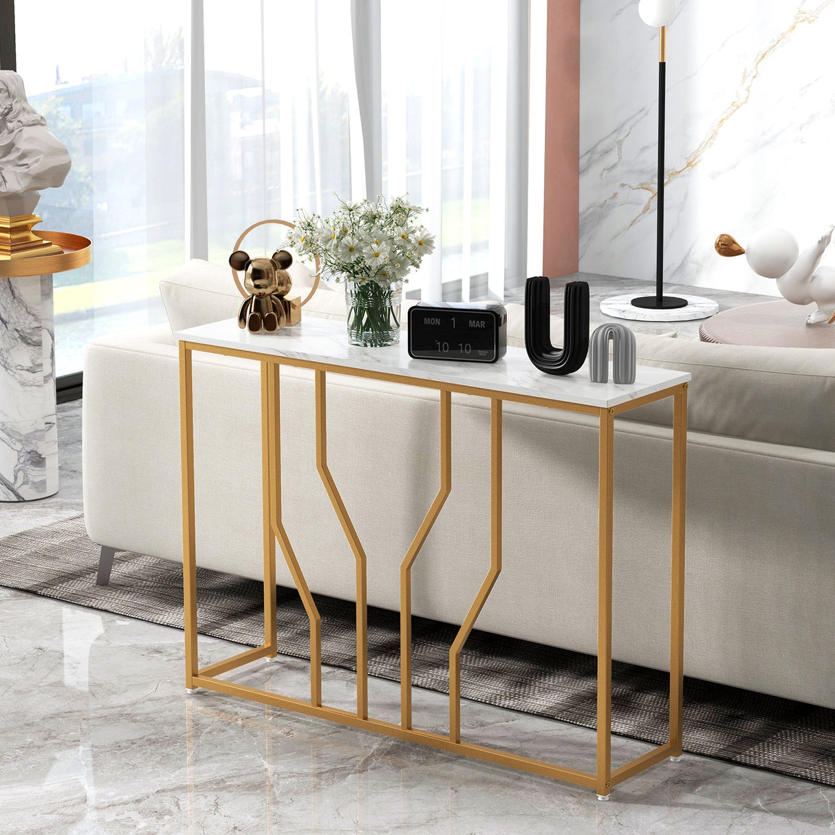 Mesa de entrada moderna blanca de 44 pulgadas con tablero de imitación de mármol - Blanca