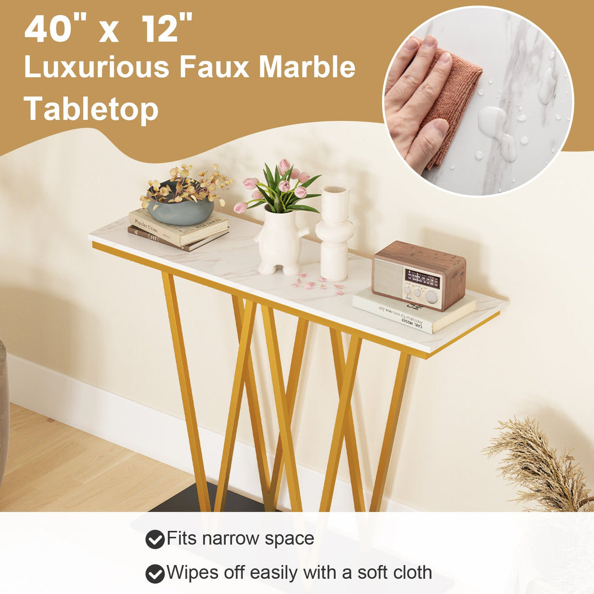 Mesa de Entrada Dorada de 40 Pulgadas, Consola Moderna con Tablero de Mármol Sintético y Estructura Metálica - Blanca