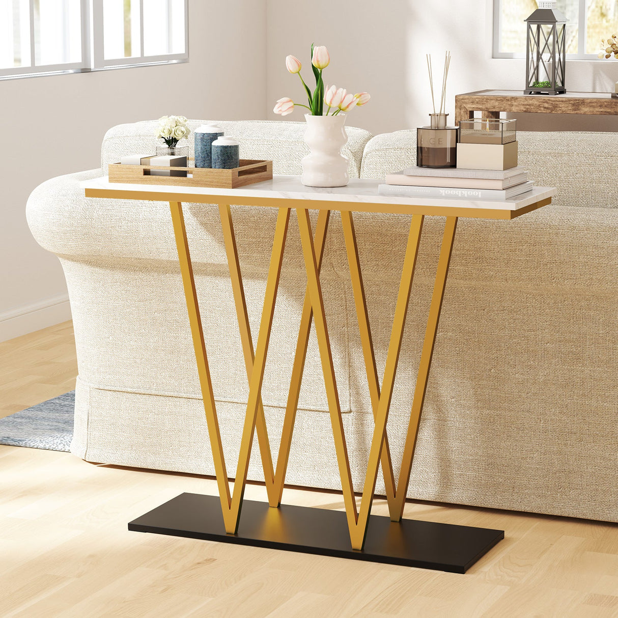 Mesa de Entrada Dorada de 40 Pulgadas, Consola Moderna con Tablero de Mármol Sintético y Estructura Metálica - Blanca