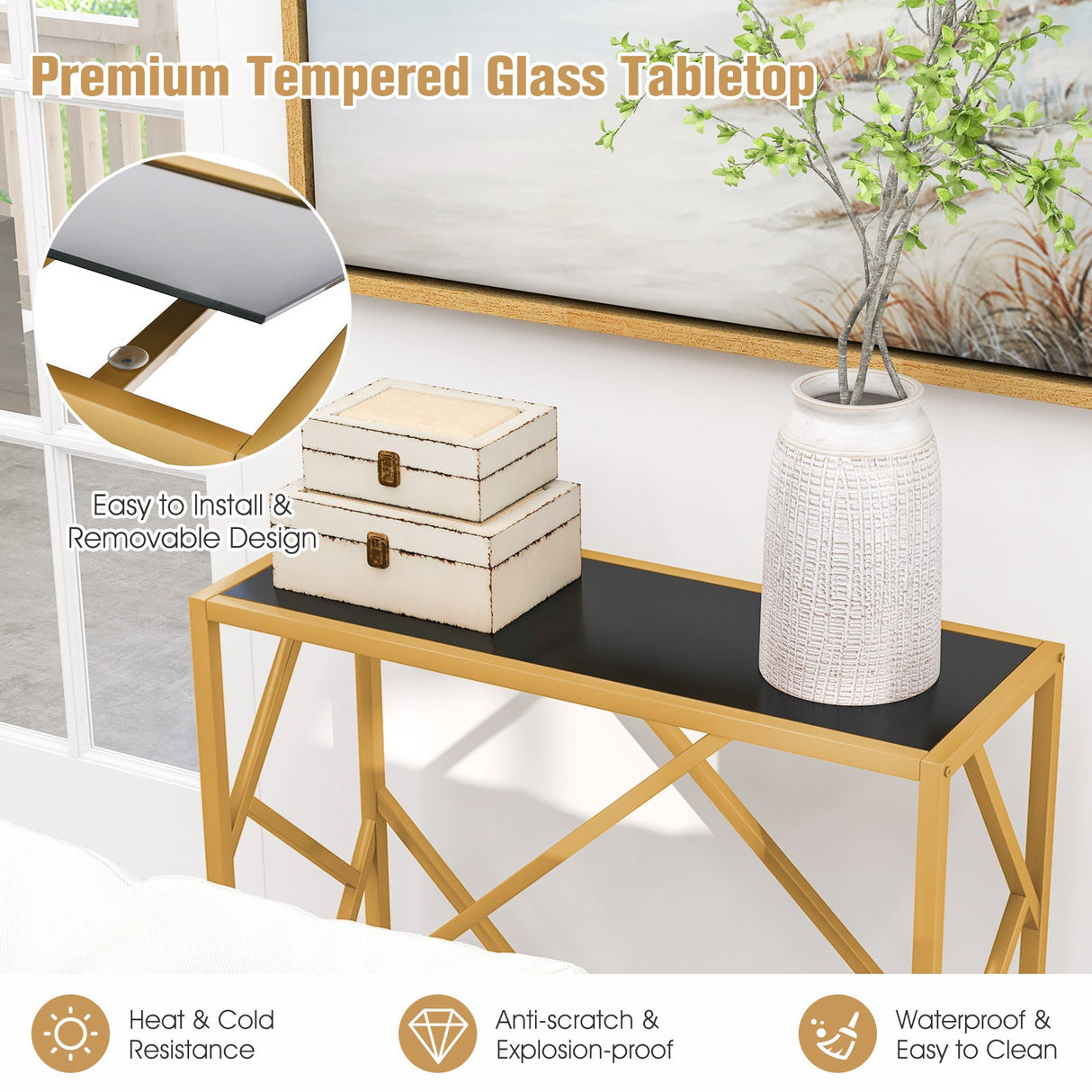Mesa de entrada de 31.5 pulgadas con estructura de metal resistente dorada y almohadillas para los pies - Negro