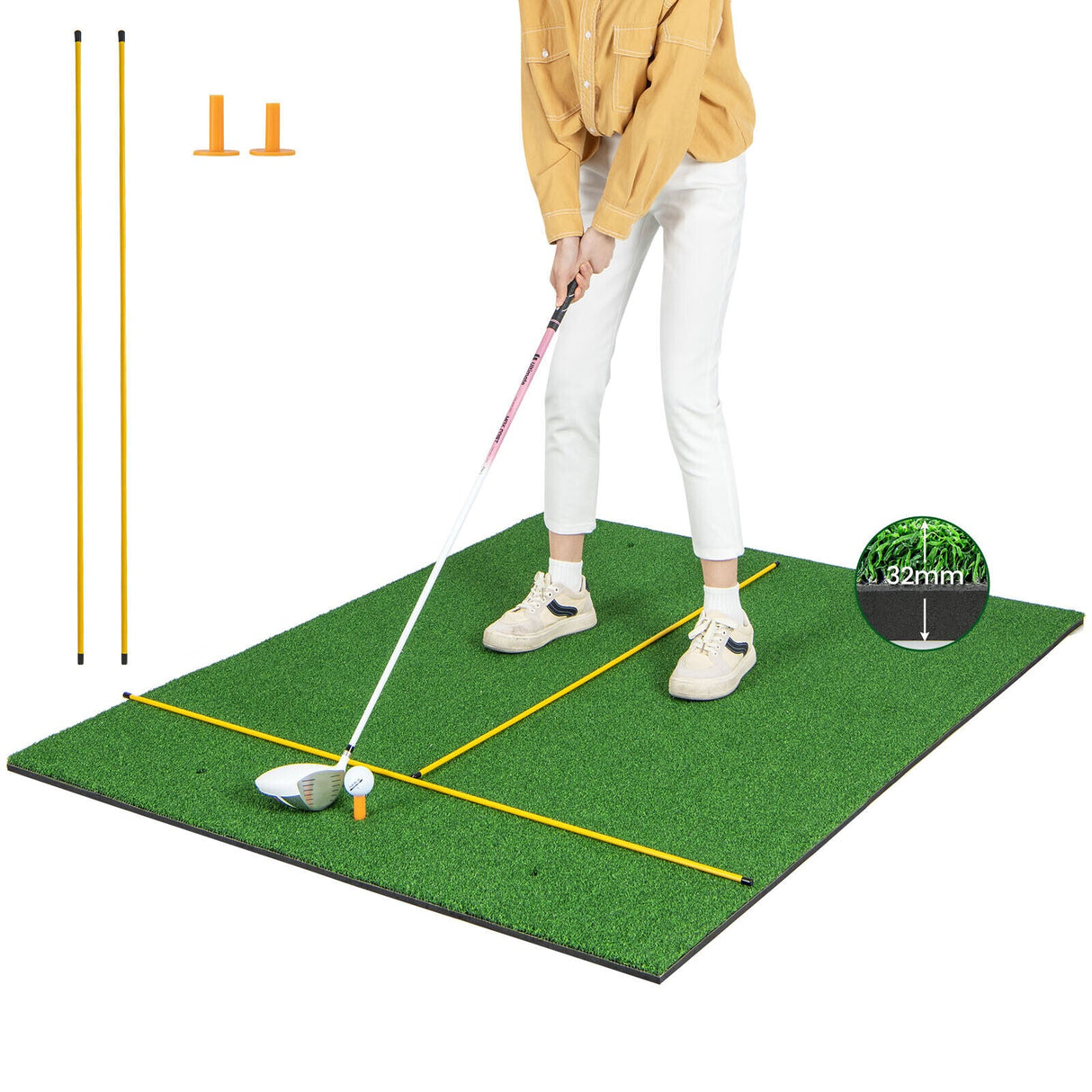 Alfombra de césped artificial para práctica de golf en interiores y exteriores Incluye 2 tees de goma y 2 varillas de alineación