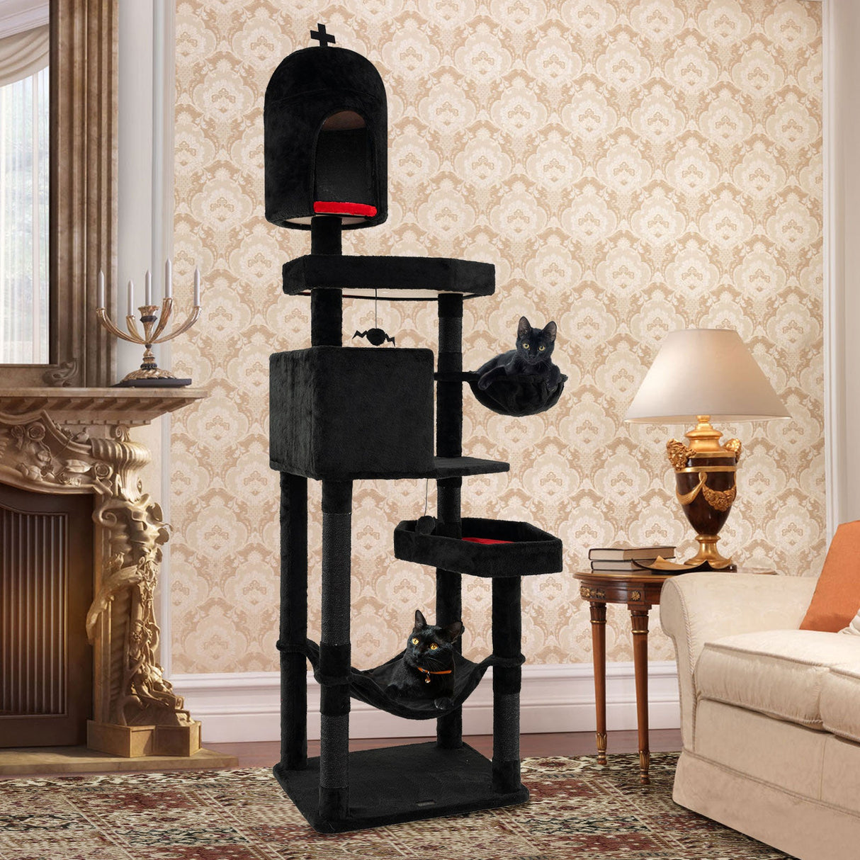 Árbol rascador gótico para gatos con 2 condominios y cama en forma de ataúd para gatos de interior - Negro