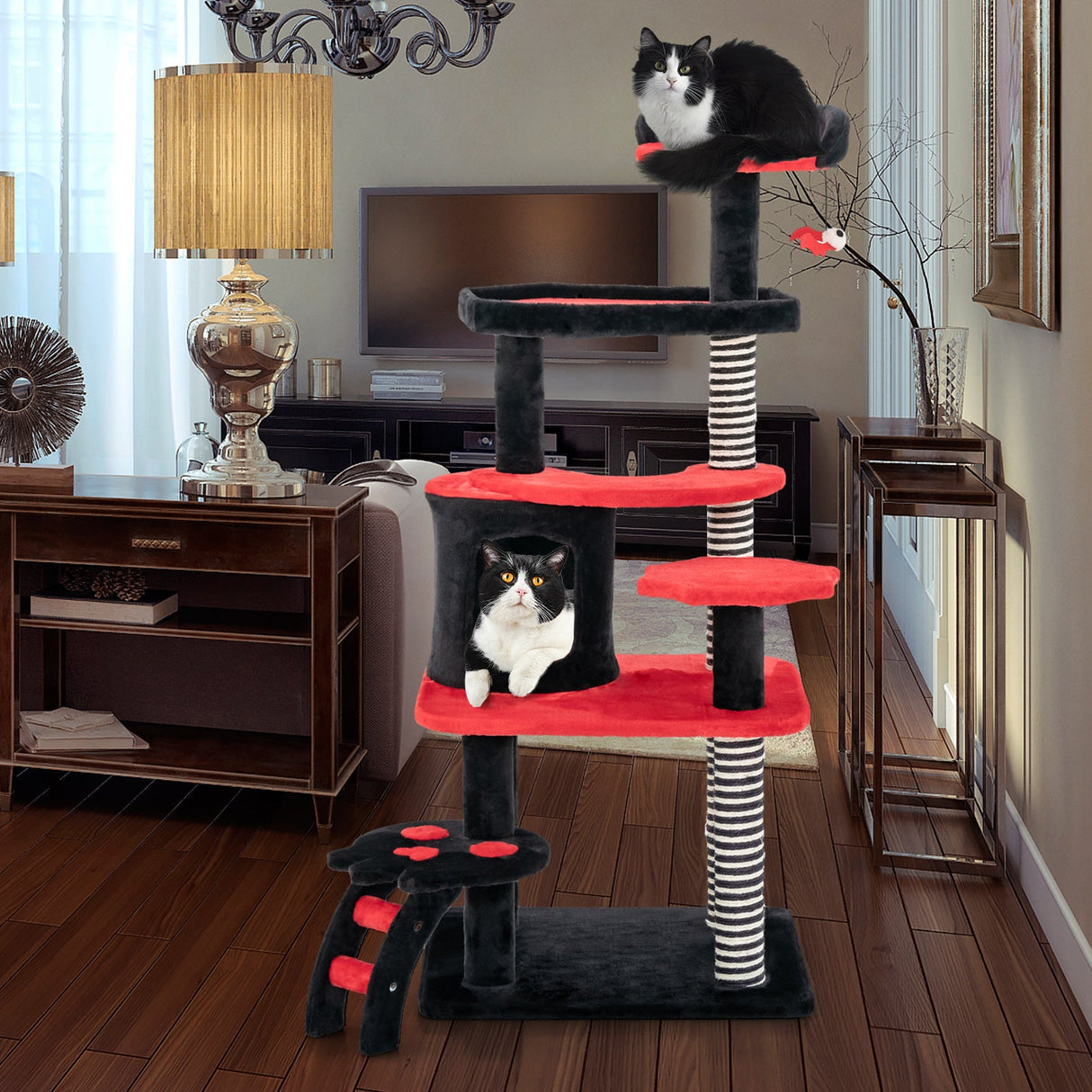 Árbol para gatos gótico con cama, condominio y rascador de sisal - Negro y rojo