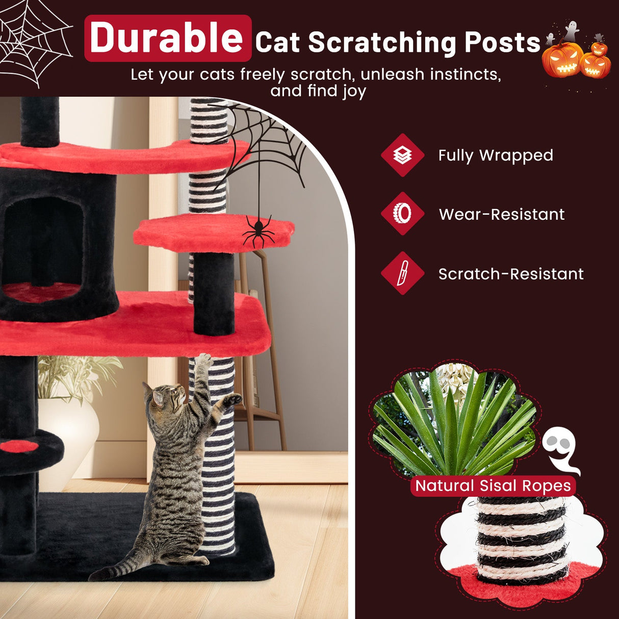 Árbol para gatos gótico con cama, condominio y rascador de sisal - Negro y rojo