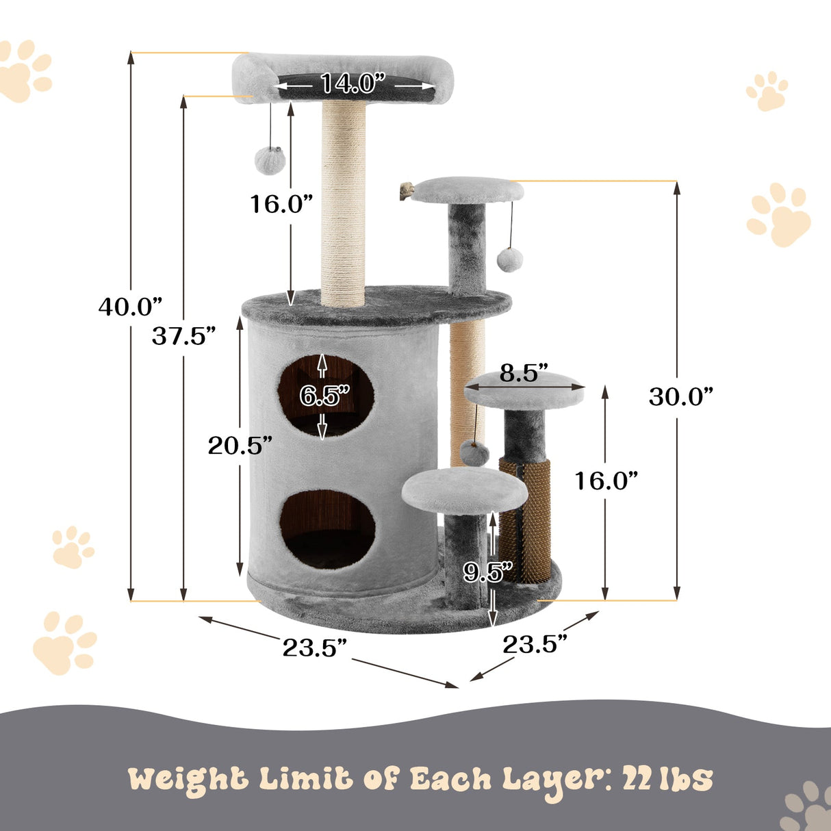 Torre para gatos de 40 pulgadas, árbol de actividades multinivel con condominio de 2 niveles — Gris