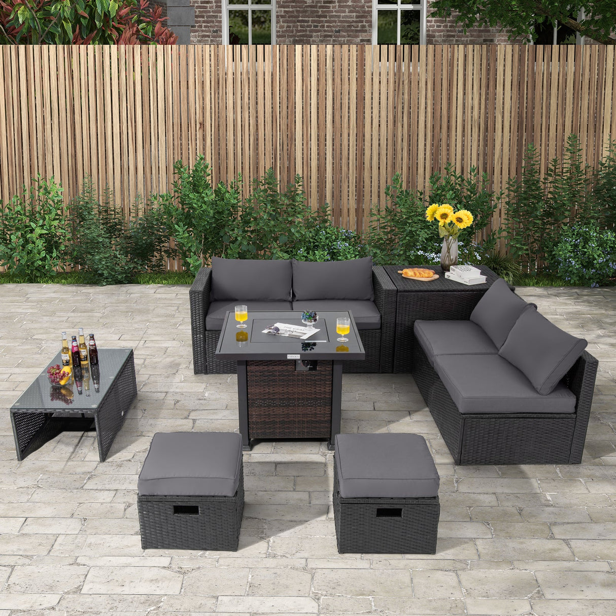 Juego de muebles de patio de 9 piezas con mesa de brasero de 32" y brasero de propano cuadrado de 50000 BTU