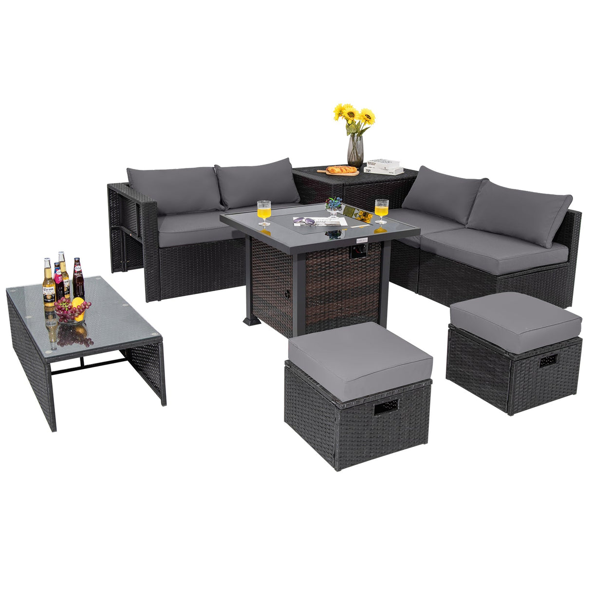 Juego de muebles de patio de 9 piezas con mesa de brasero de 32" y brasero de propano cuadrado de 50000 BTU
