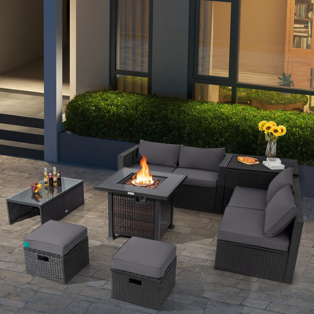 Juego de muebles de patio de 9 piezas con mesa de brasero de 32" y brasero de propano cuadrado de 50000 BTU