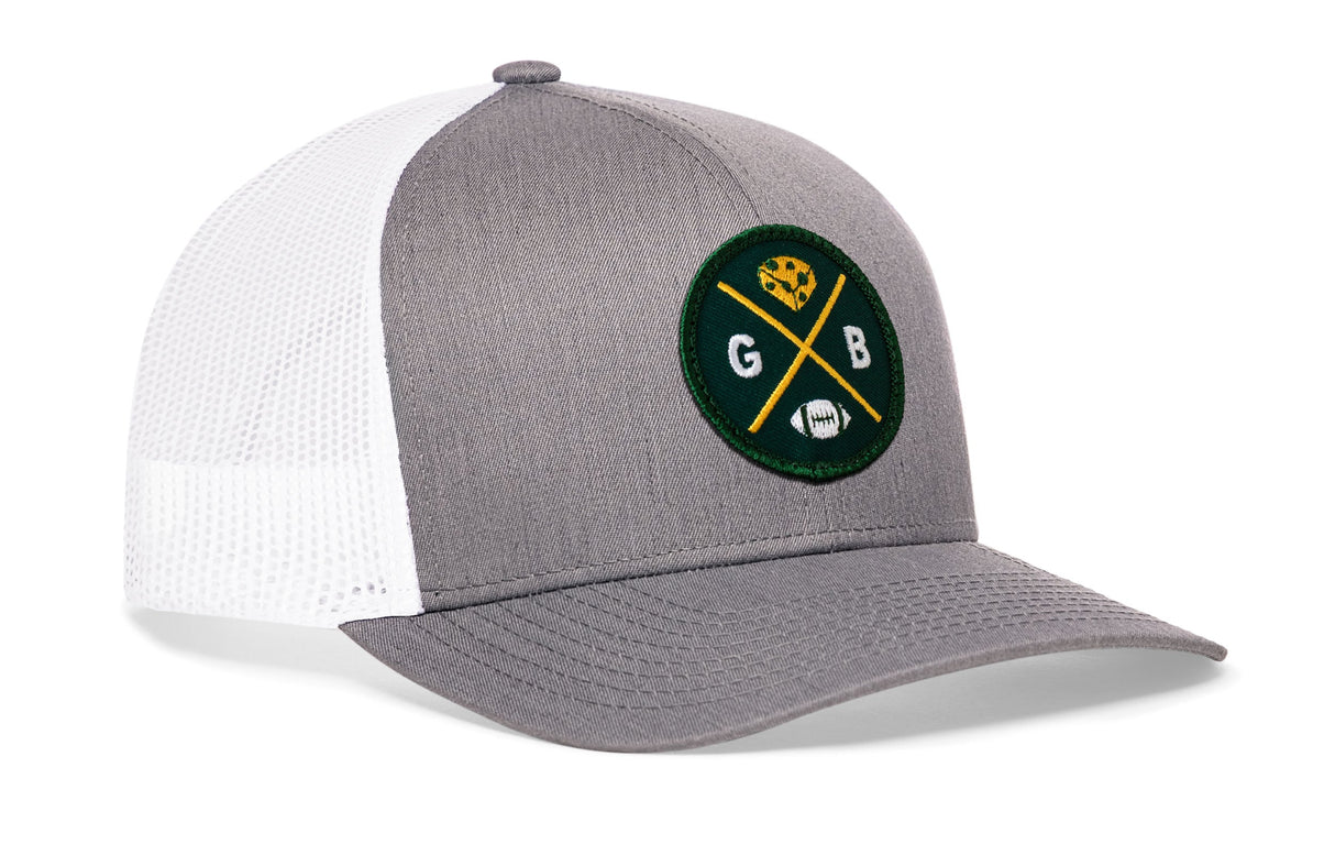 Green Bay Trucker Hat | Gray-White GB Cheese X Football Snapback