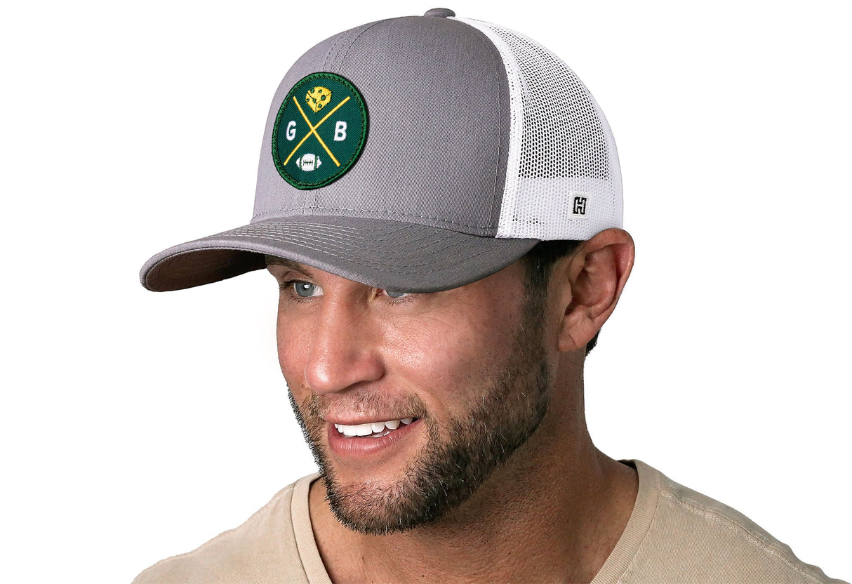 Green Bay Trucker Hat | Gray-White GB Cheese X Football Snapback