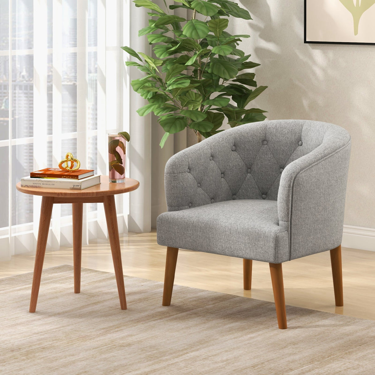 Sillón tapizado con patas de madera de caucho maciza y almohadillas ajustables para las patas para sala de estar - Gris