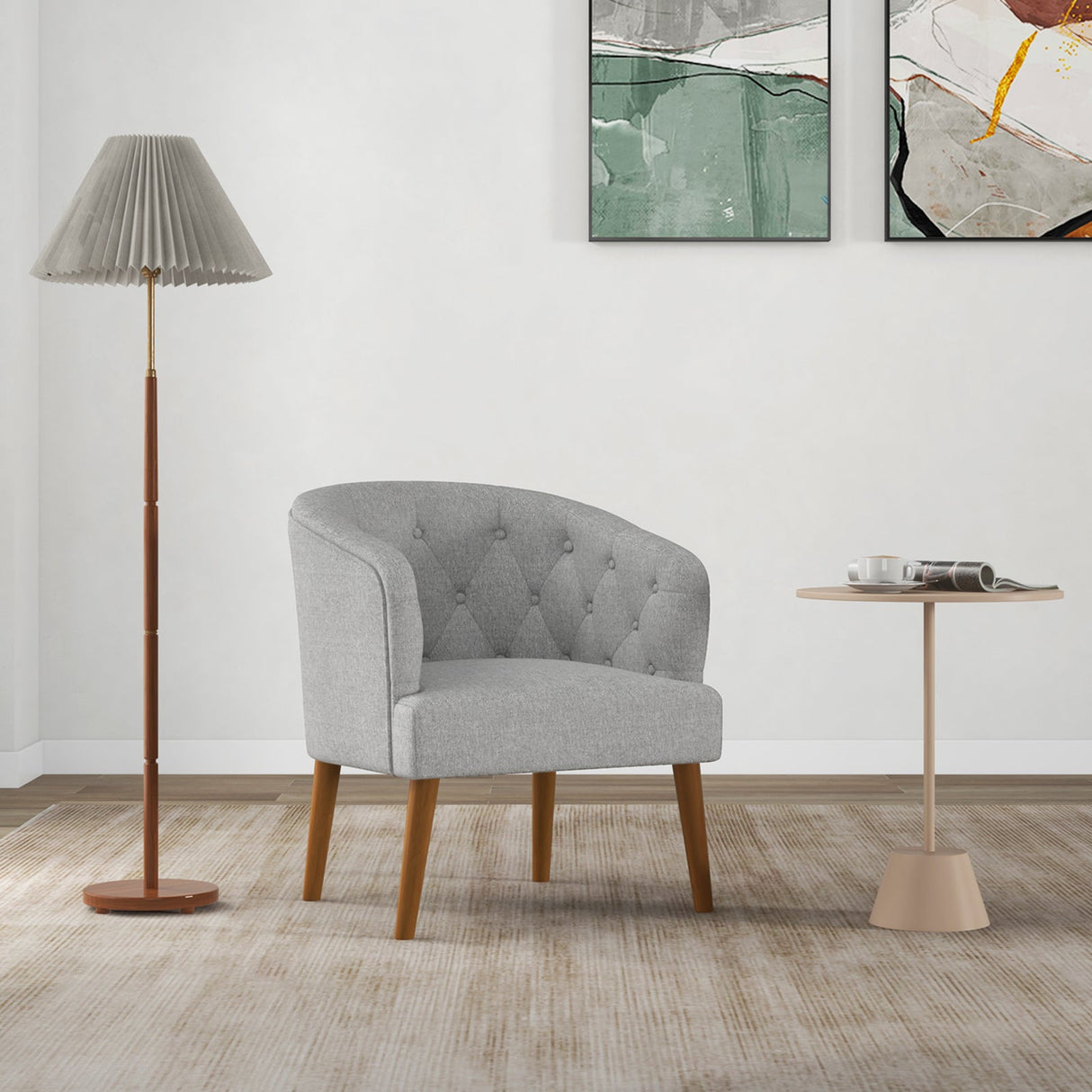Sillón tapizado con patas de madera de caucho maciza y almohadillas ajustables para las patas para sala de estar - Gris