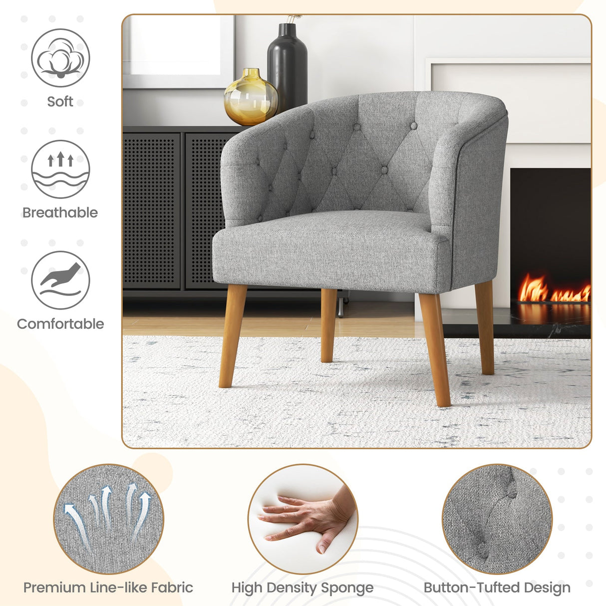 Sillón tapizado con patas de madera de caucho maciza y almohadillas ajustables para las patas para sala de estar - Gris