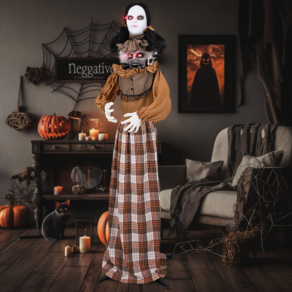 Mujer Embrujada Animatrónica de Halloween con Cabeza Sorpresa y Botón de Control