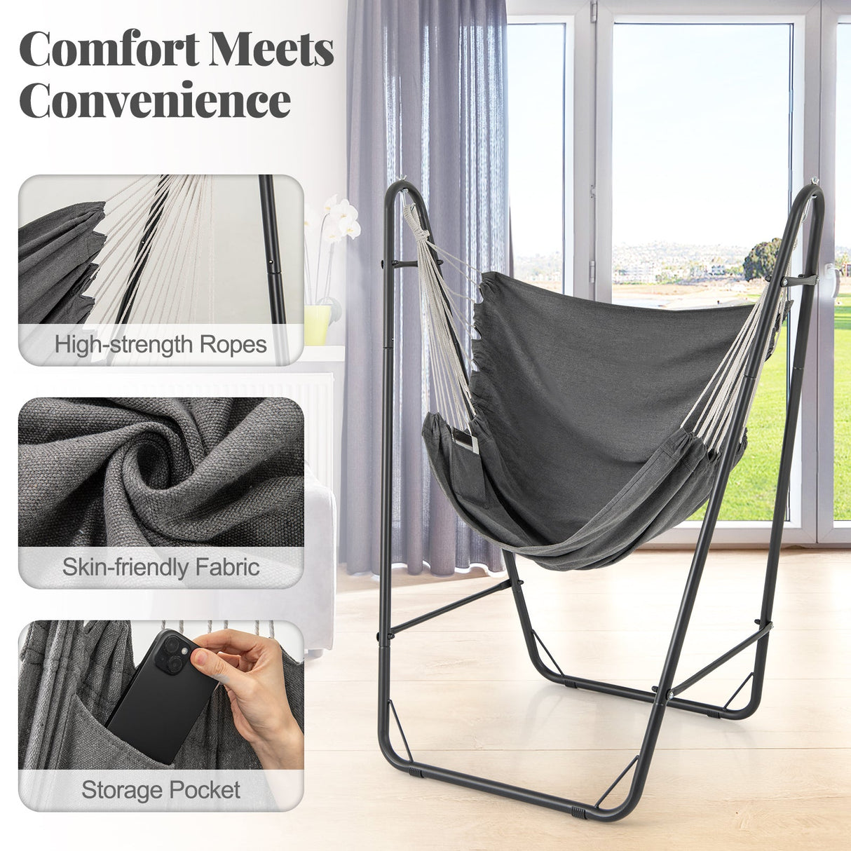 Sillón Colgante con Estructura Metálica Reforzada y Bolsillo Lateral - Gris