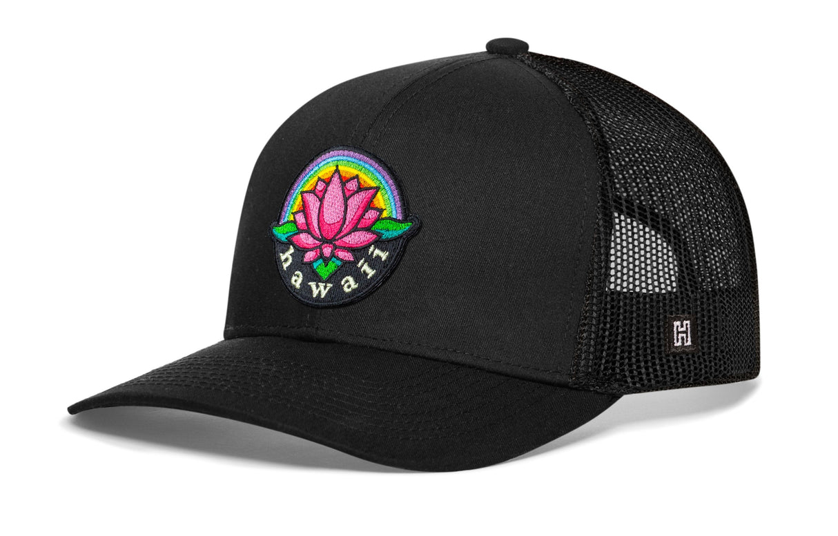 Hawaii Aloha Trucker Hat | Black HI Flower Snapback