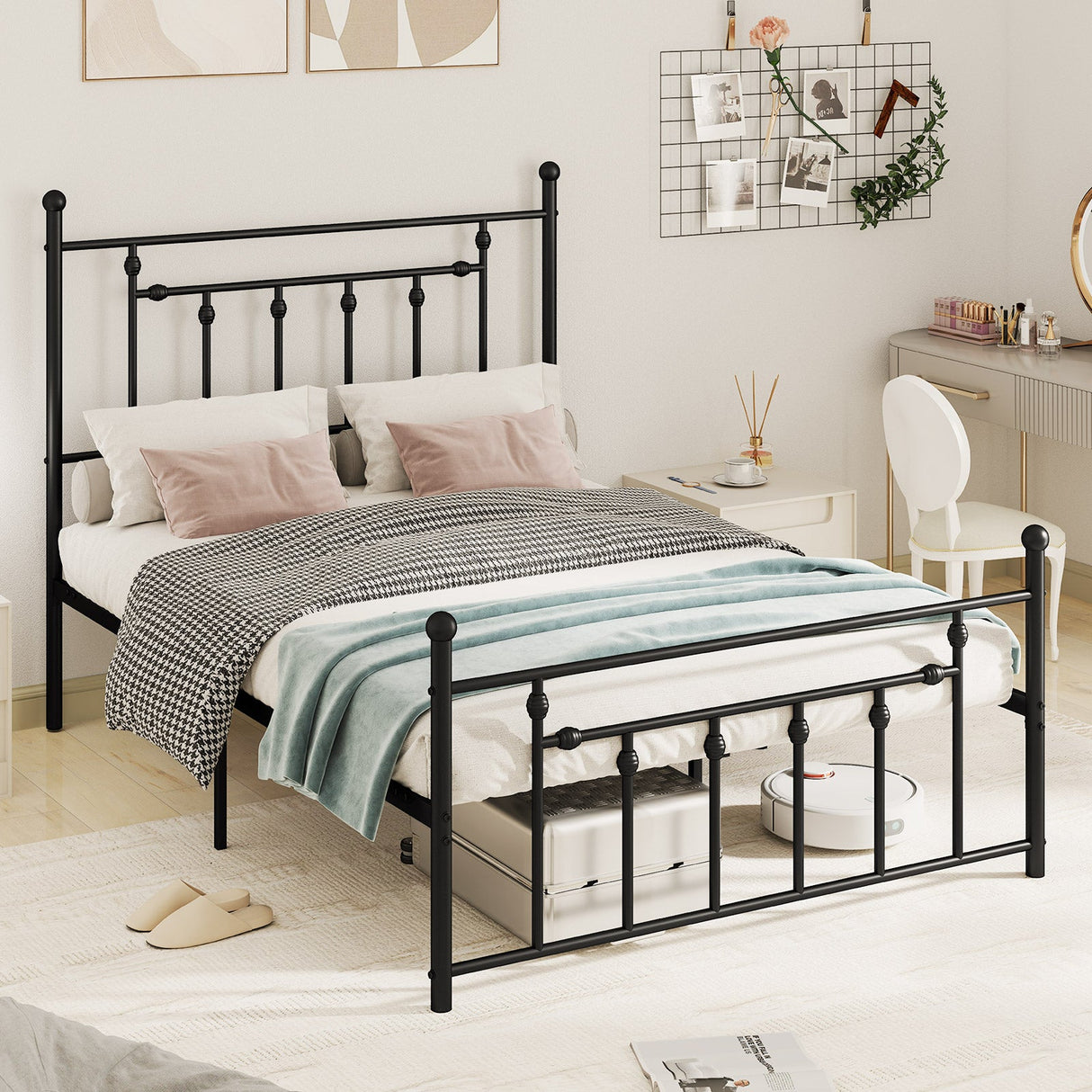 Base de cama de metal de alta resistencia con cabecero, tamaño matrimonial/queen/individual
