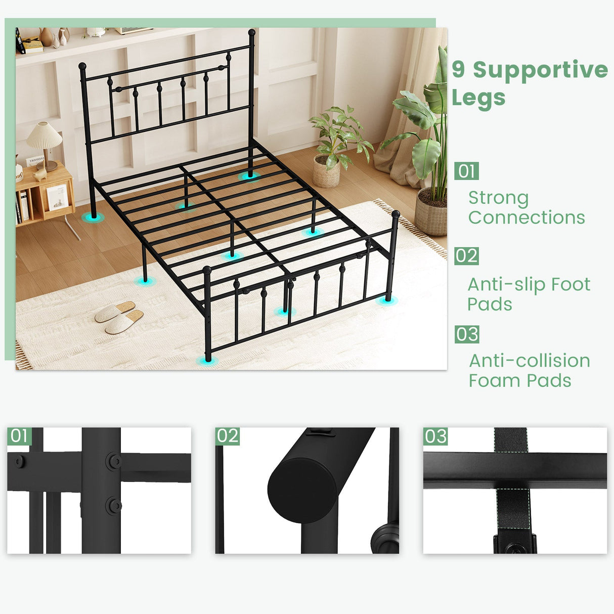 Base de cama de metal de alta resistencia con cabecero, tamaño matrimonial/queen/individual