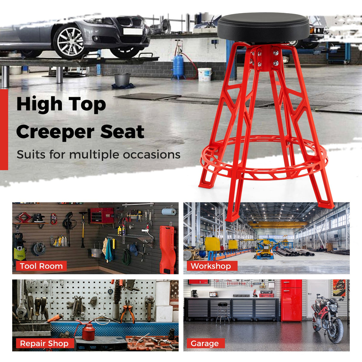 Heavy-Duty Aluminum Garage Bar Chair with 360° Swiveling Seat-Red
