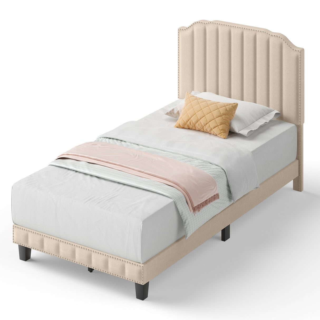 Heavy Duty Upholstered Bed Frame with Rivet Headboard