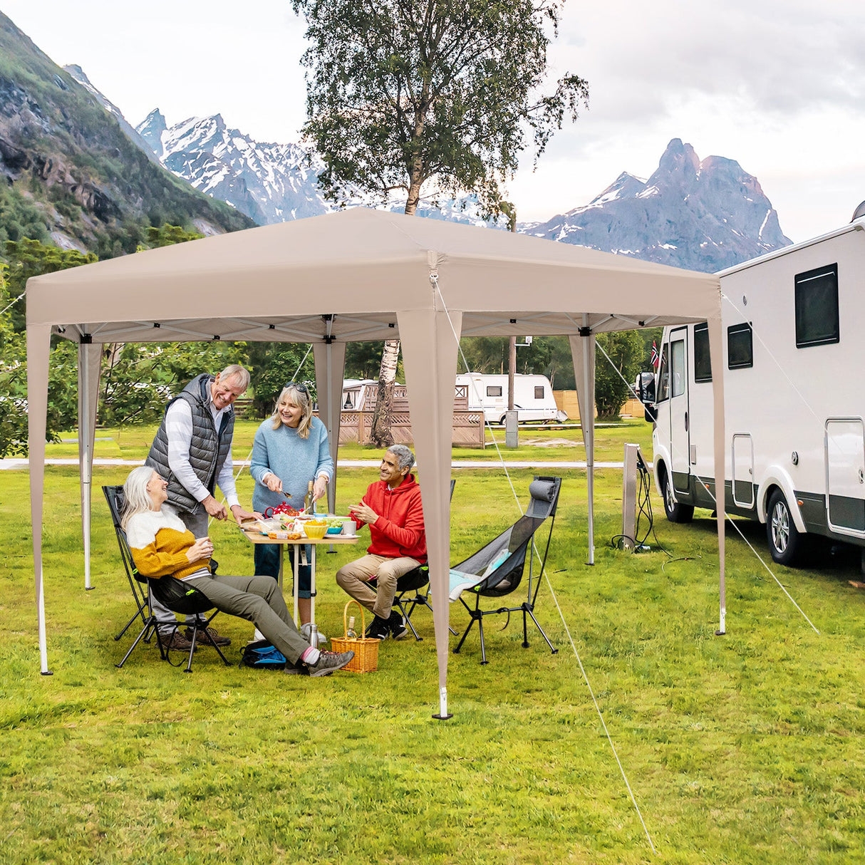 Carpa Hexagonal Plegable de 13 x 11.5 pies, Altura Ajustable, con Patas Vestidas - Caqui