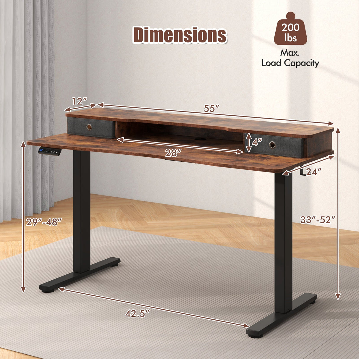 55 Inch x 24 Inch Height Adjustable Electric Standing Desk with 2 Drawers