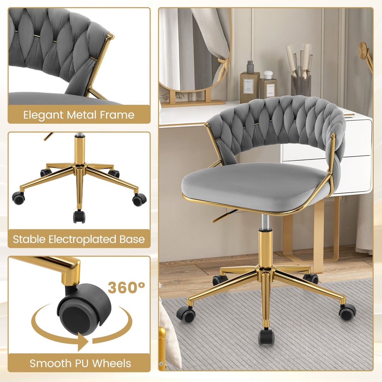 360° Height Adjustable Swivel Upholstered Desk Computer Chair with Hand-woven Back
