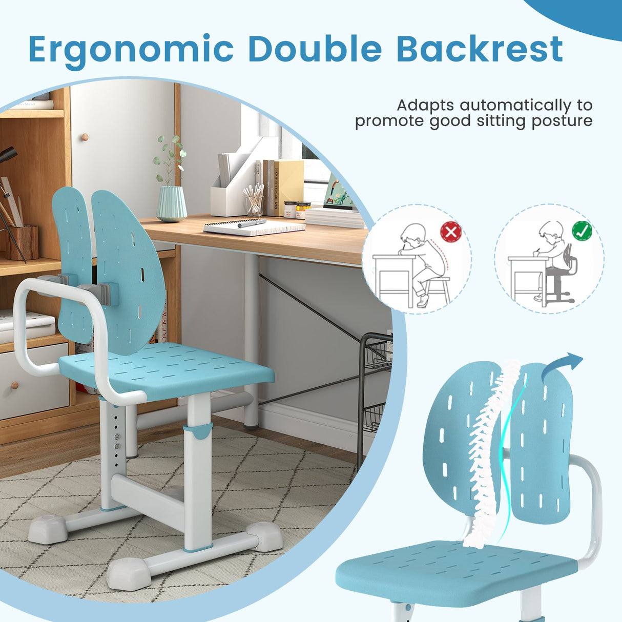 Silla de estudio infantil con altura regulable, doble respaldo y asiento transpirable para mayores de 3 años