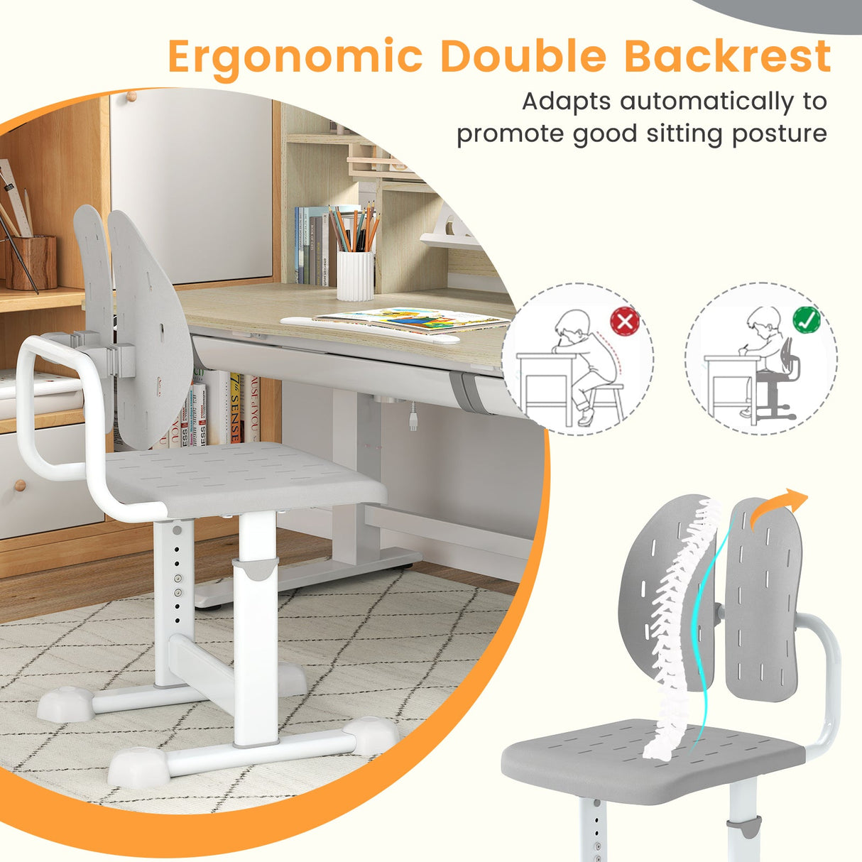 Silla de estudio infantil con altura regulable, doble respaldo y asiento transpirable para mayores de 3 años