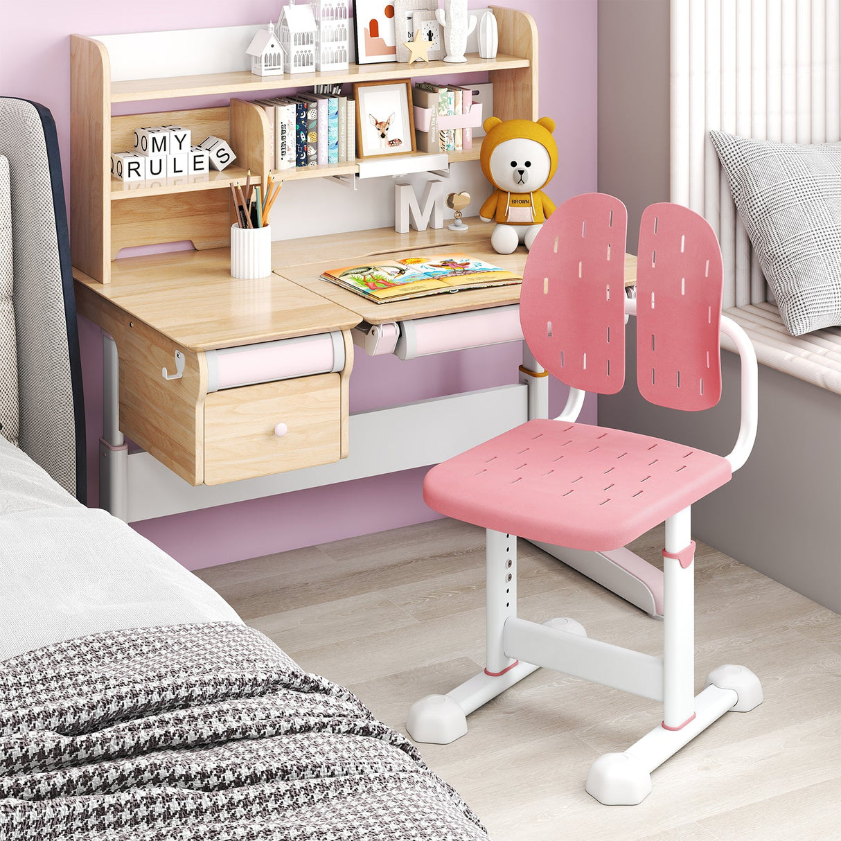 Silla de estudio infantil con altura regulable, doble respaldo y asiento transpirable para mayores de 3 años