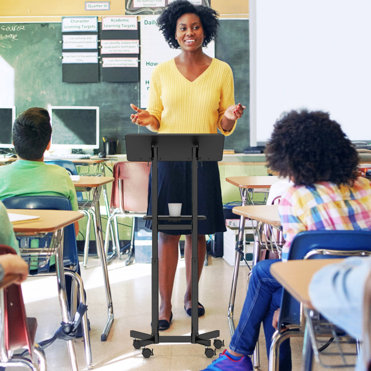 Atril móvil con ruedas regulable en altura para portátil con bandeja de almacenamiento superior inclinable