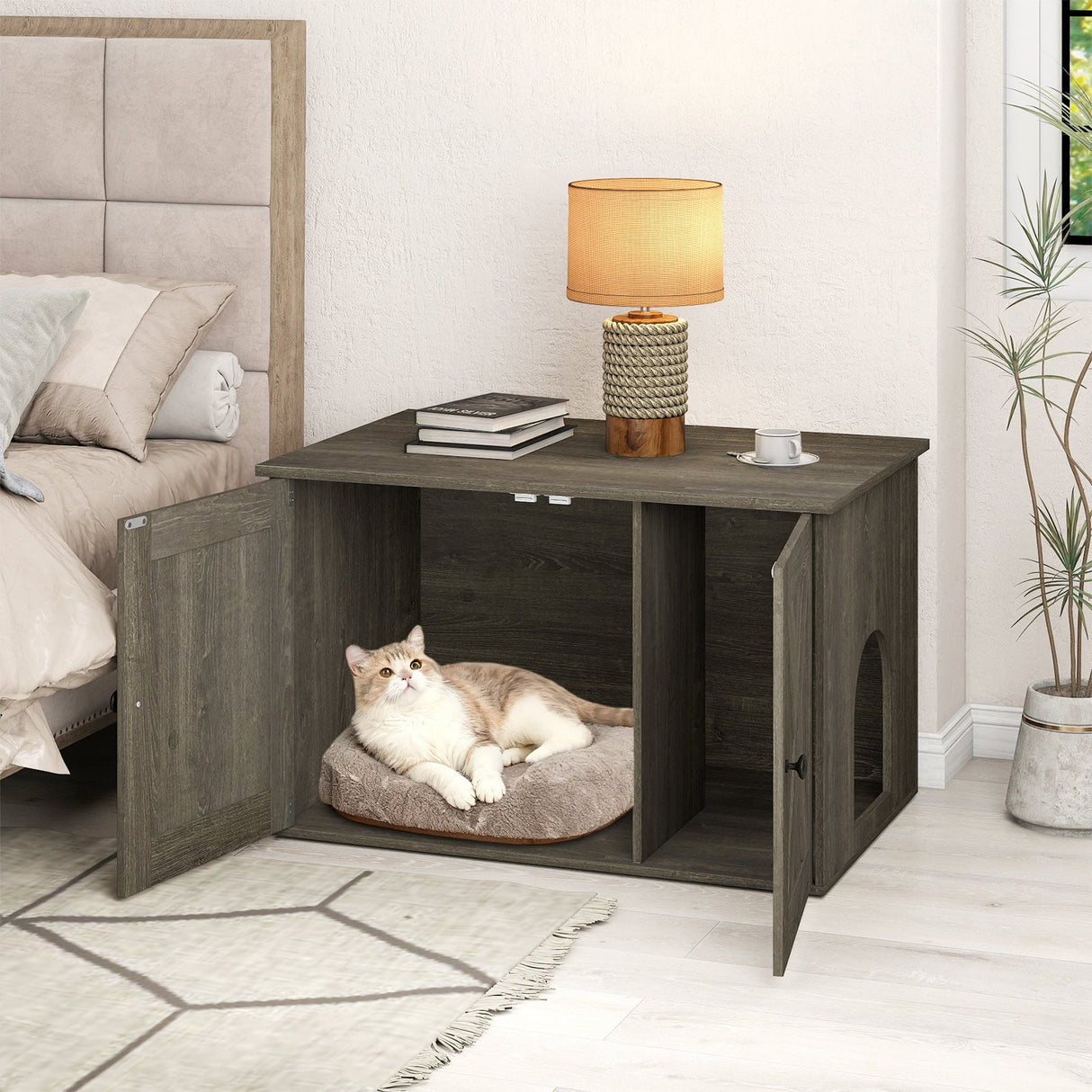 Mueble para arenero de gato oculto con separador - Roble