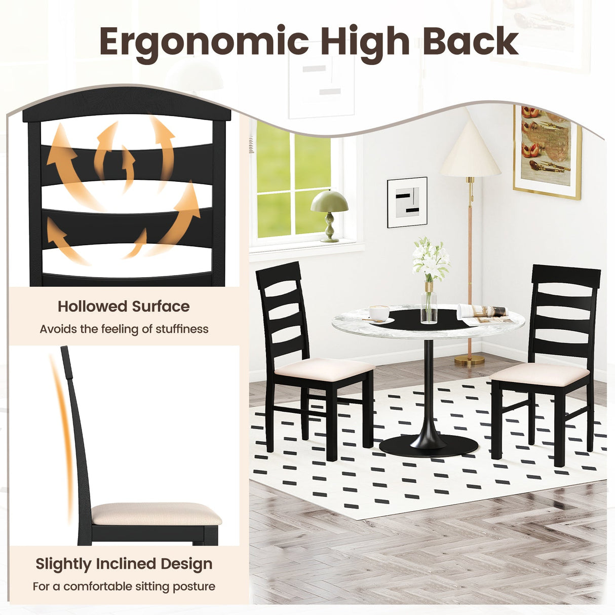 Juego de 2 sillas de comedor de respaldo alto con asiento acolchado - Negro