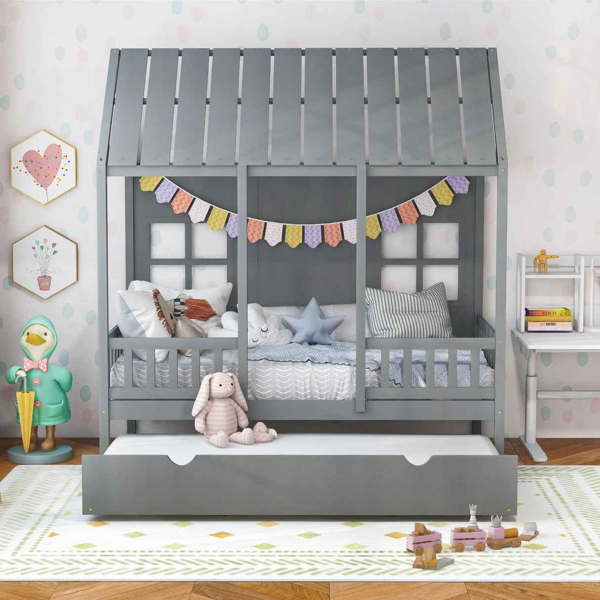 Cama individual con forma de casa con cama nido y techo de 82 pulgadas de alto