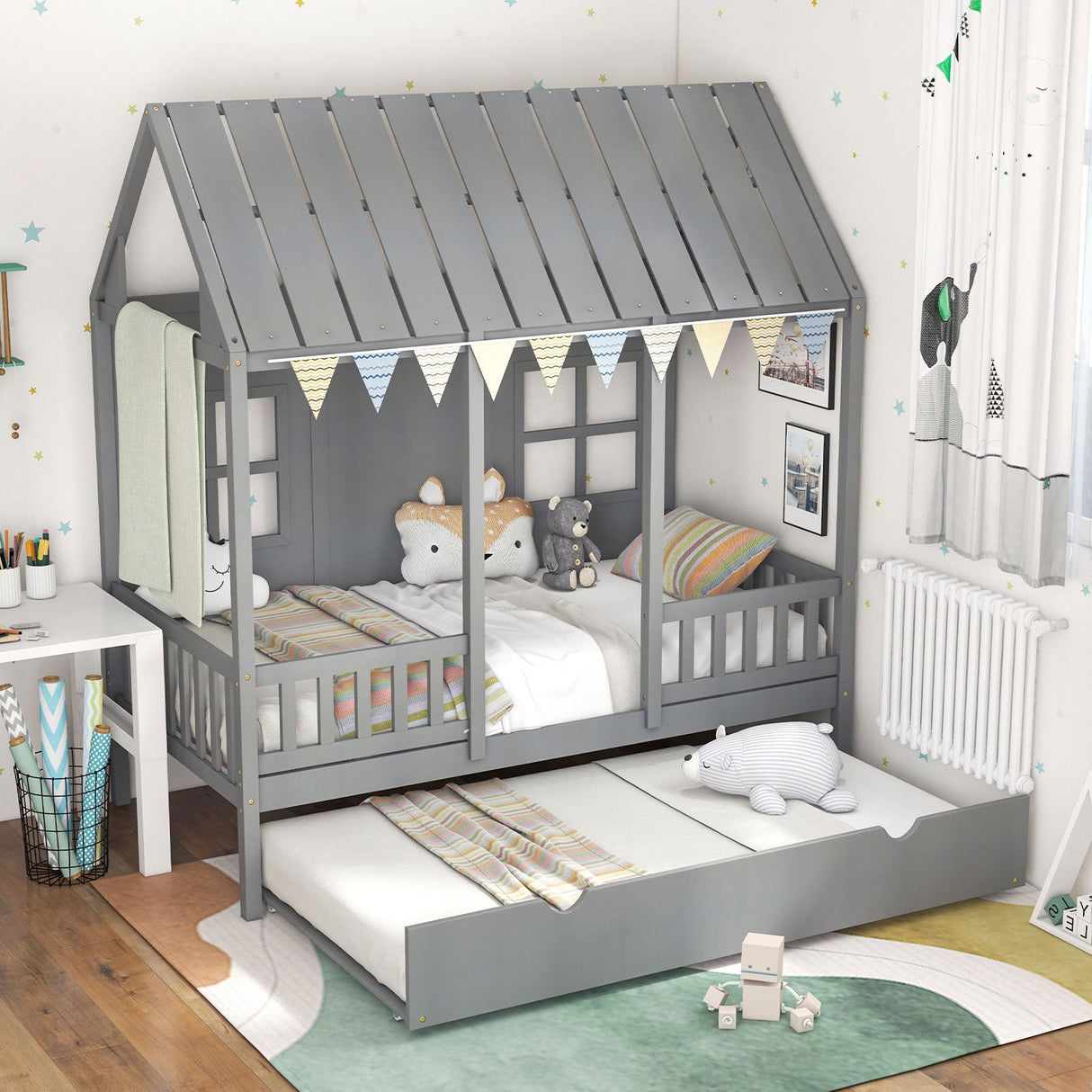 Cama individual con forma de casa con cama nido y techo de 82 pulgadas de alto