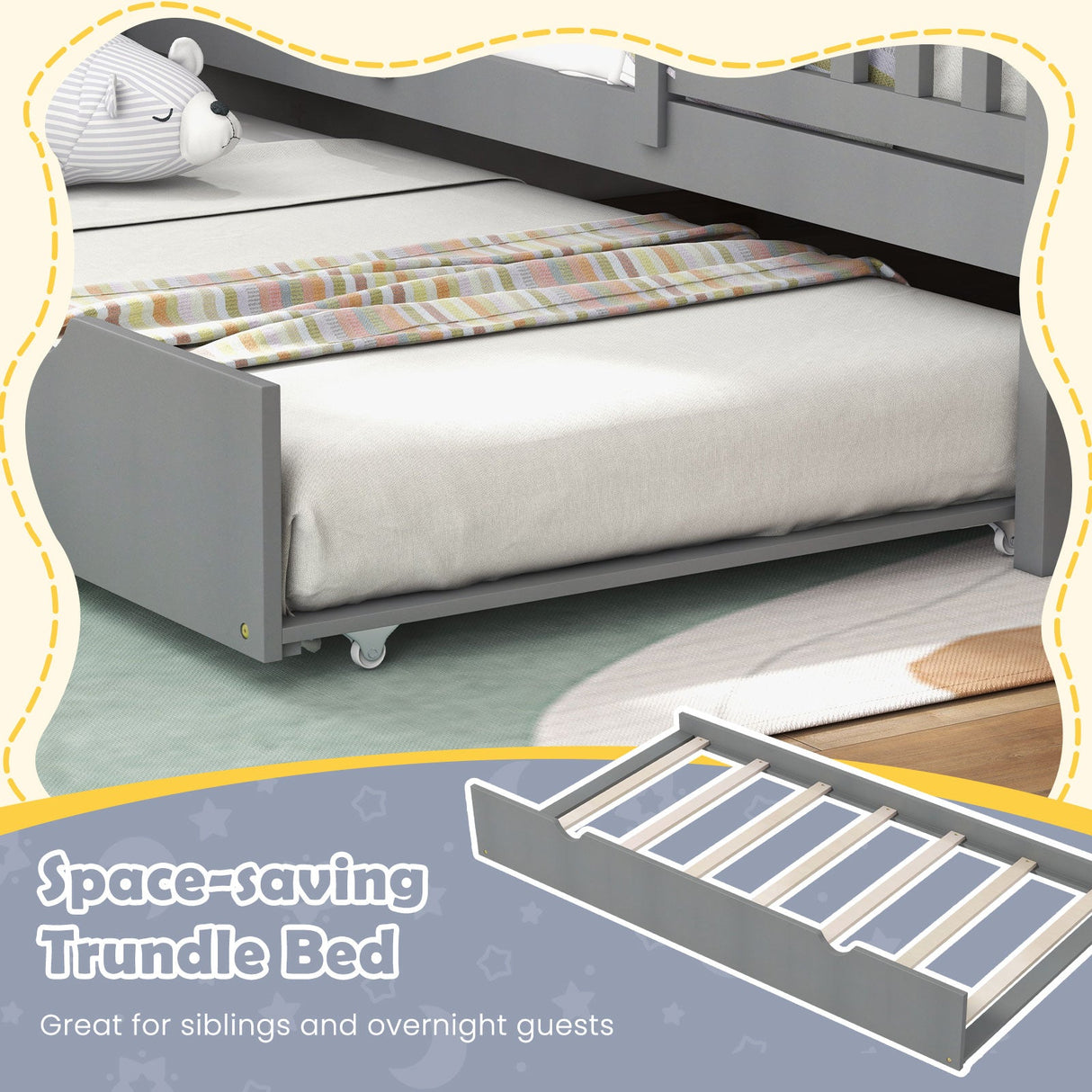 Cama individual con forma de casa con cama nido y techo de 82 pulgadas de alto